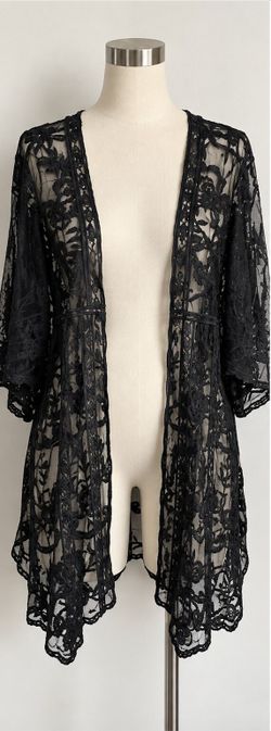 Lauren Conrad Black Floral Mesh Embroidered Kimono Cover Up