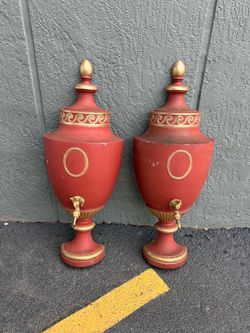 Pair Vintage Cast Iron Urn Wall Plaques Red Gold Metal Decor Spigot