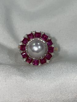 18k Rose Gold Pearl Red Ruby And Diamond Ring