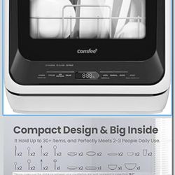 COMFEE' Portable Mini Dishwasher Countertop with 5L Built-in Water Tank for Apartments& RVs, No Hookup Needed, 6 Programs, 360° Dual Spray, 162℉ High-