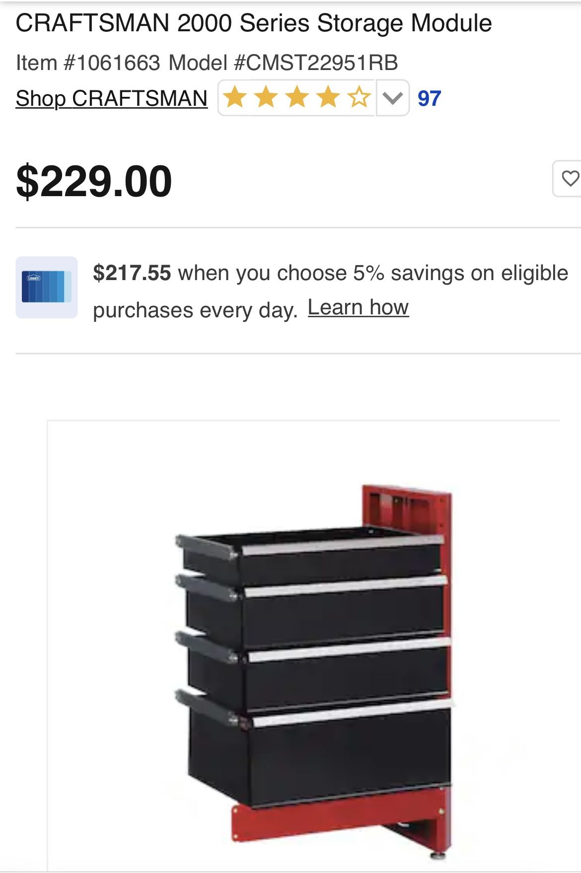 CRAFTSMAN 2000 Series Storage Module Item #1061663 Model #CMST22951RB Original Price $229, Our Price $160