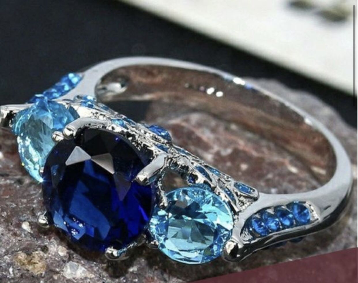  925 Sterling Silver  Dark Blue Aqua Crystal Ring  