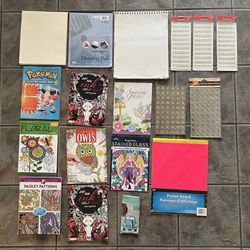 Various coloring books, A Box Of Colored Pencils, Drawing Paper, stickers