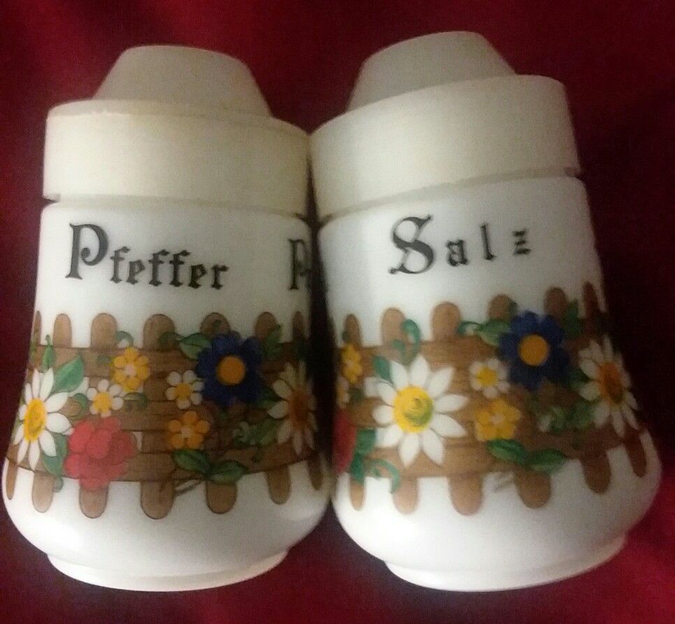 Multilingual Milk Glass Salt & Pepper Shaker Set