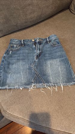 Blue Denim Mini Skirt with Frayed Hem