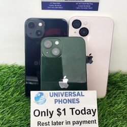 Apple IPhone 13 mini 128gb  Unlocked, FREE Smartwach/ Headphones. Pay $1 Today Rest in payments. NO CREDIT NEEDED FINANCING