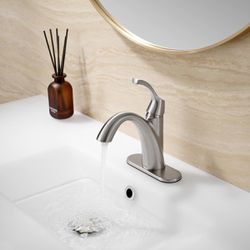 Brushed Nickel 1-Handle Single Hole Bathroom Faucet, 3-Hole Deck Plate, Pop-Up Drain and Water Supply Lines Included, TAF206-BN