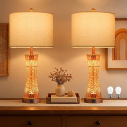 Table Lamps Set of 2 with Rattan & Dual Lights