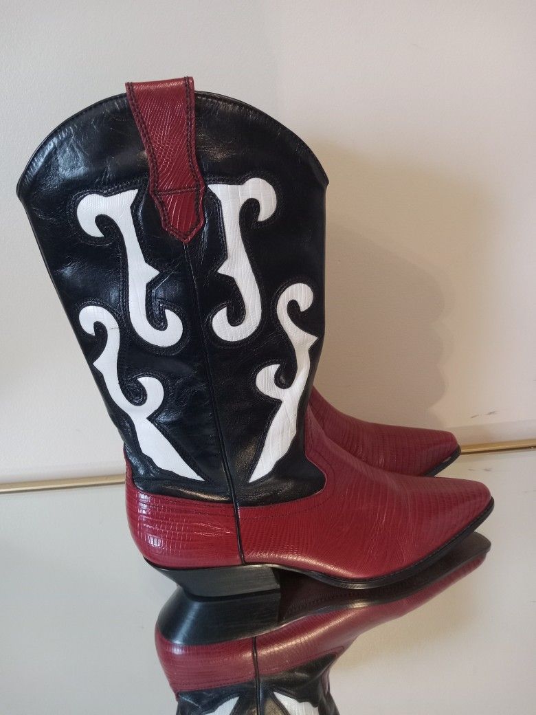 Y2K Nine West Romnee Red Black Leather Western Cowboy Boots Size 91/2
