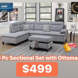 Ready To Go Today, 3 Pc Sectional With Ottoman. 
