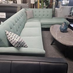 Brand New Green Linen MidCentury Modern Sectional