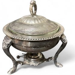 ENGLISH SILVER Mfg Corp Serving Bowl/Dish on Stand PYREX insert w/ Lid USA MADE*