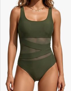 NEW Women’s Olive Green One-Piece Swimsuit with Mesh Insets