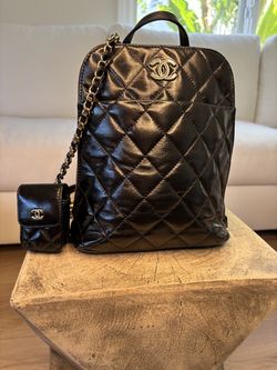 Chanel Black Quilted Leather Backpack with Mini Pouch