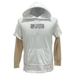 Hollister California Men's Hooded Tee Shirt White w/Tan Long Sleeve Pocket Small