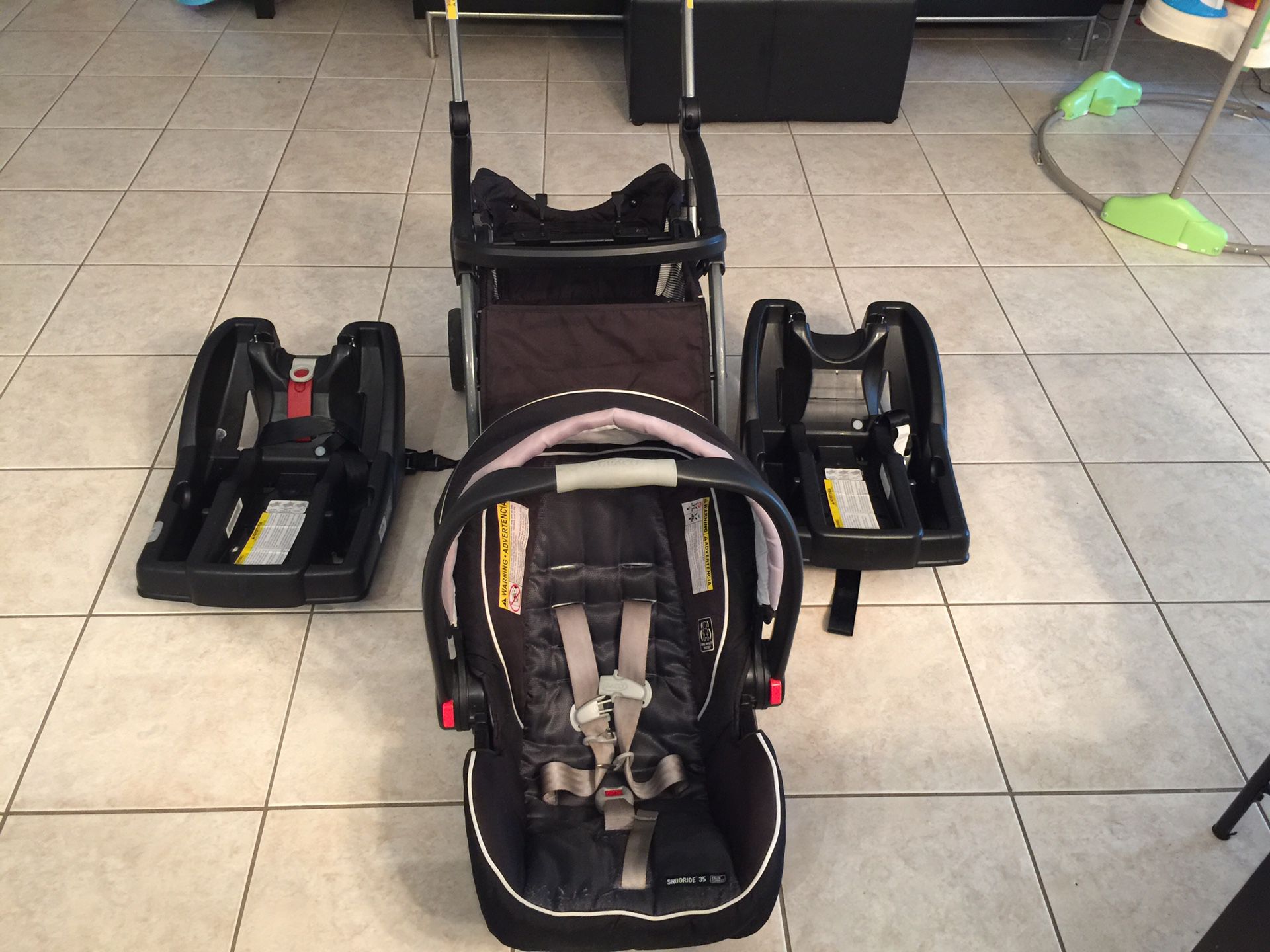 Baby car seat, stroller, and two bases