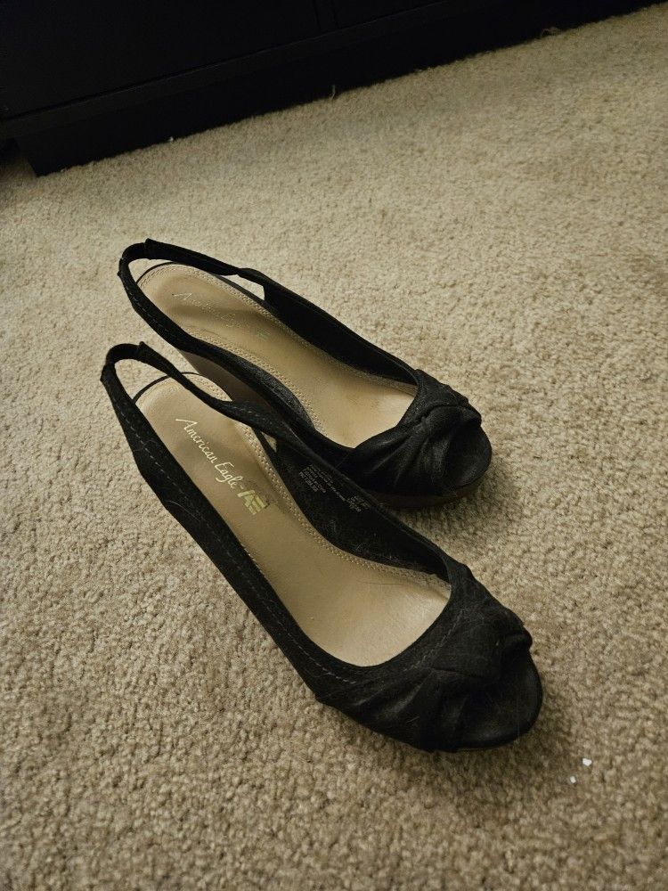 Black Faux Suede Wedge Heels