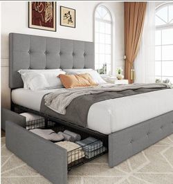Allewie Upholstered Queen Size Platform Bed Frame with 4 Storage Drawers.