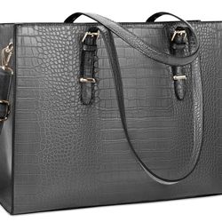 15.6 Inch Silver Leather Laptop Tote For Women 