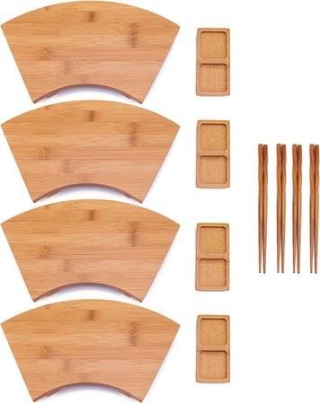 New Set of 4 Bamboo Sushi Plates Trays Chopsticks Compartment Sauce Dish, 11.6" Fan