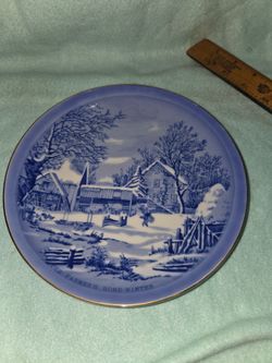 The Homestead Currier and Ives "The farmers home-winter" Blue Willow .