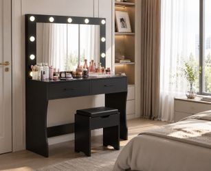 New Vanity Desk Set with Large Lighted Mirror, 35.4 Inch Makeup Vanity Table with 2 Drawers, Cushioned Storage Stool, 3 Lighting Modes Brightness Adju