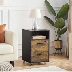 File Cabinet, Under Desk Vertical Cabinet With 2 Drawers and Open Compartment, Printer Stand with Lockable Wheels for A4 Letter Size Hangable File Fol