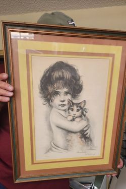 Framed Vintage Print Girl with Kitty