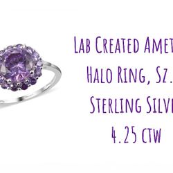 Simulated Amethyst Halo Ring, Sterling Silver, Sz.11