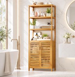 66" Tall Bathroom Storage Cabinet, Natural Bamboo Cabinet