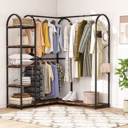Shaped Closet Organizer, Freestanding Corner Clothes Garment Rack with Hanging Rods and Storage Shel