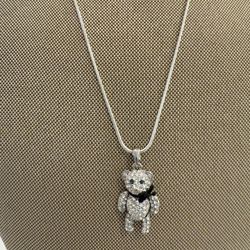 Very Cute Silver Teddy Bear with emerald eyes Pendant Necklace (movable)