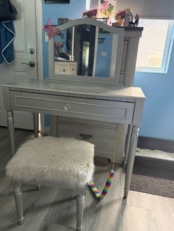 Gray Vanity Table with Mirror and Stool