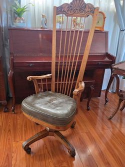 Vintage Wood Harp-Back Swivel Desk Chair