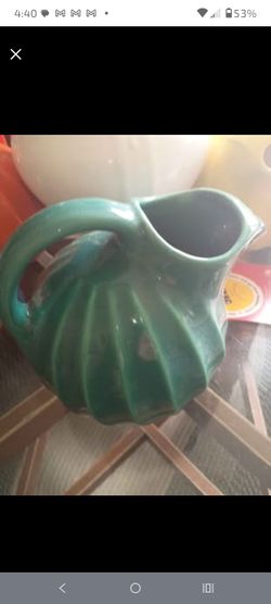 Rare Shawnee Pottery Valencia Swirl Teal Green Water Pitcher Ice Lip Ball 1930s