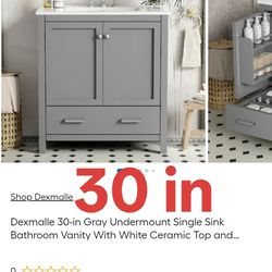 30-in Gray Undermount Single Sink Bathroom Vanity With White Ceramic Top and Drawer