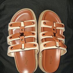 CELINE TIPPI CANVAS & LEATHER SLIDE