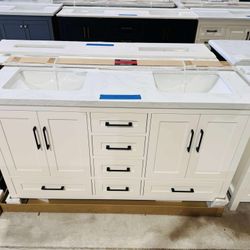 “60” Double Sink Bathroom Vanity in White Color with Black Handles and Vanity Top in White  $915 