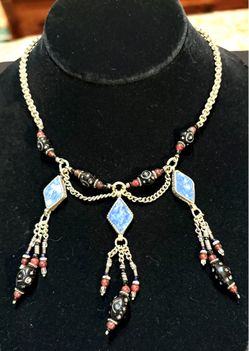 RARE! ANTIQUE LAPIS LAZULI, SODALITE HANDCRAFTED TIBETAN TRIBAL NECKLACE - 15”