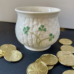 Belleek Basket-Weave Bowl W/Shamrocks