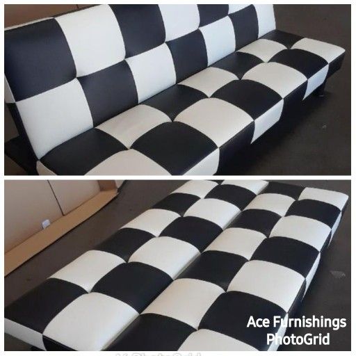 Brand New Black & White Checkered Leather Tufted Futon