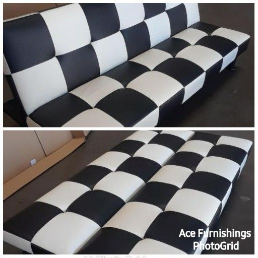 Brand New Black & White Checkered Leather Tufted Futon 