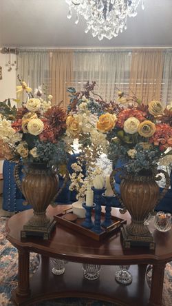 Two big vases urns 18” with big bunch of beautiful colorful flowers - tall 36”