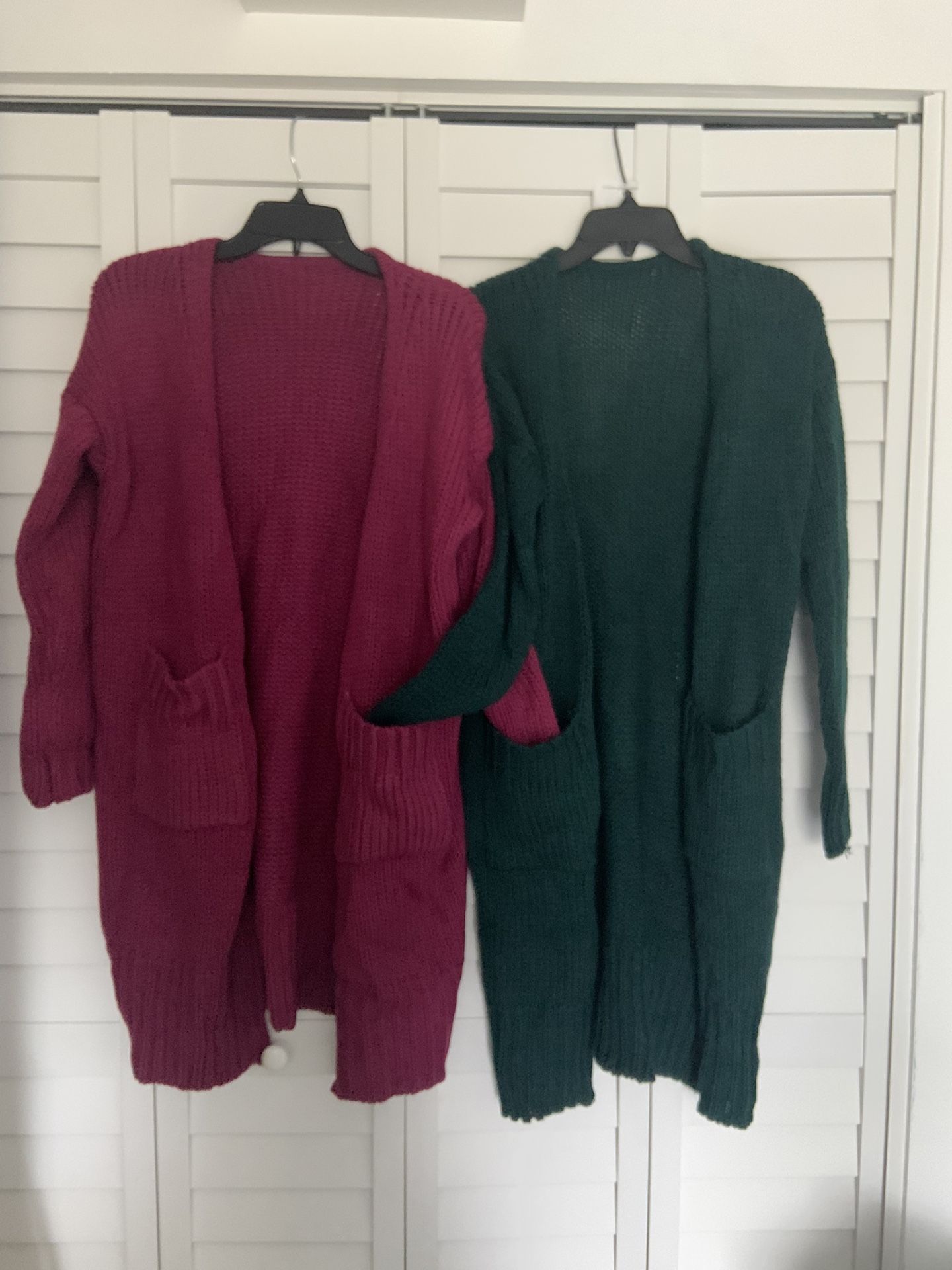 New Sweaters . Long  Chunky Cardigans With Pockets Red Berry Or Green Size Small $25 Each 