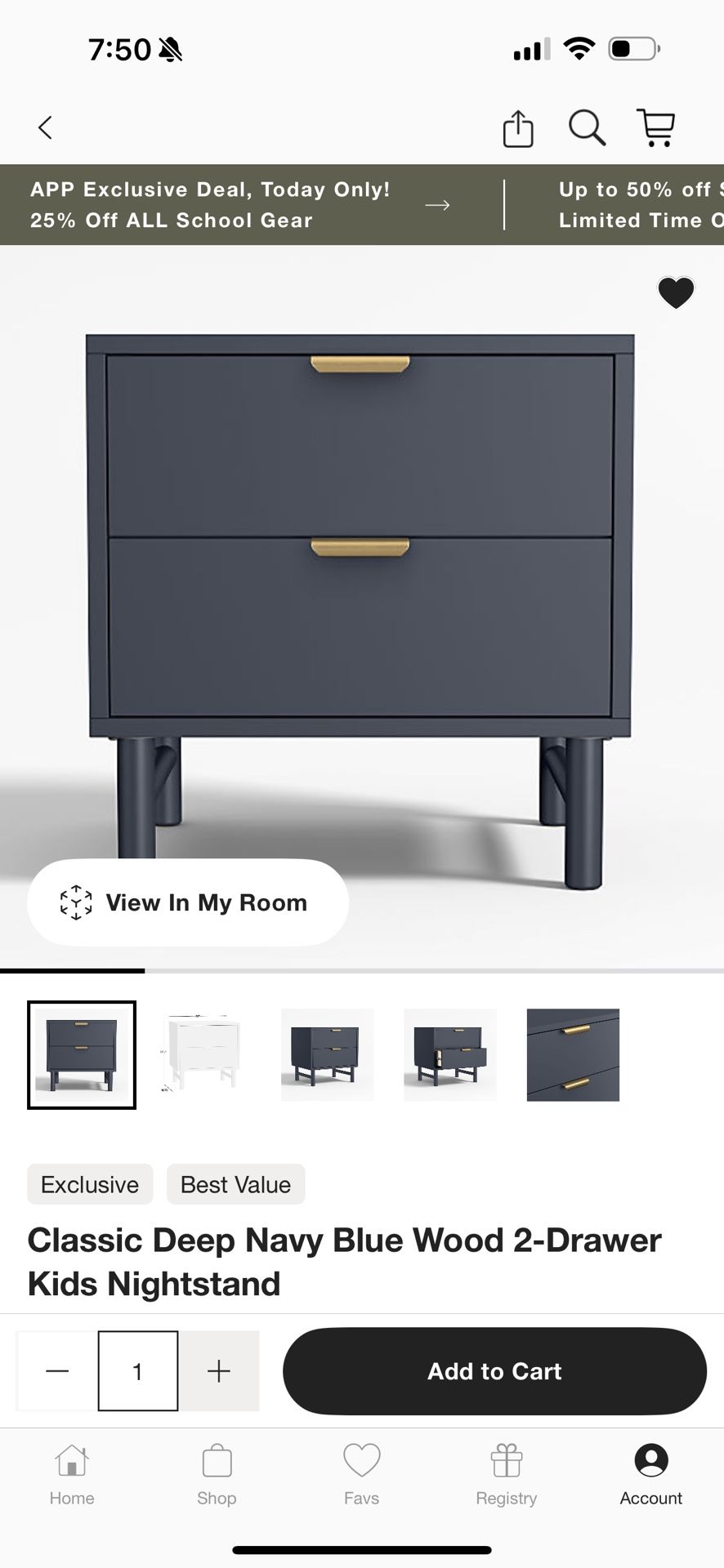 Crate&Barrel Deep Blue Navy Wood 2 Drawer Kids Nightstand 