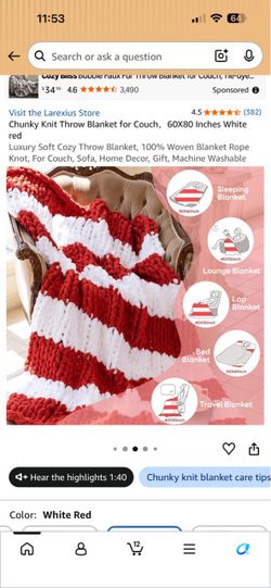 Chunky Knit Throw Blanket White Red 60x80