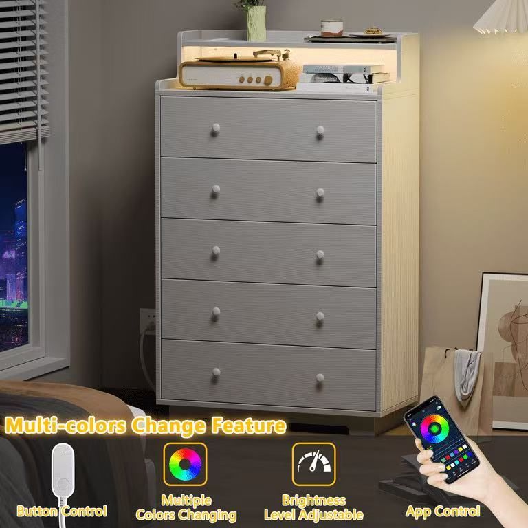 White Chests of Drawers Organizer with Outlets & Synced LED Light