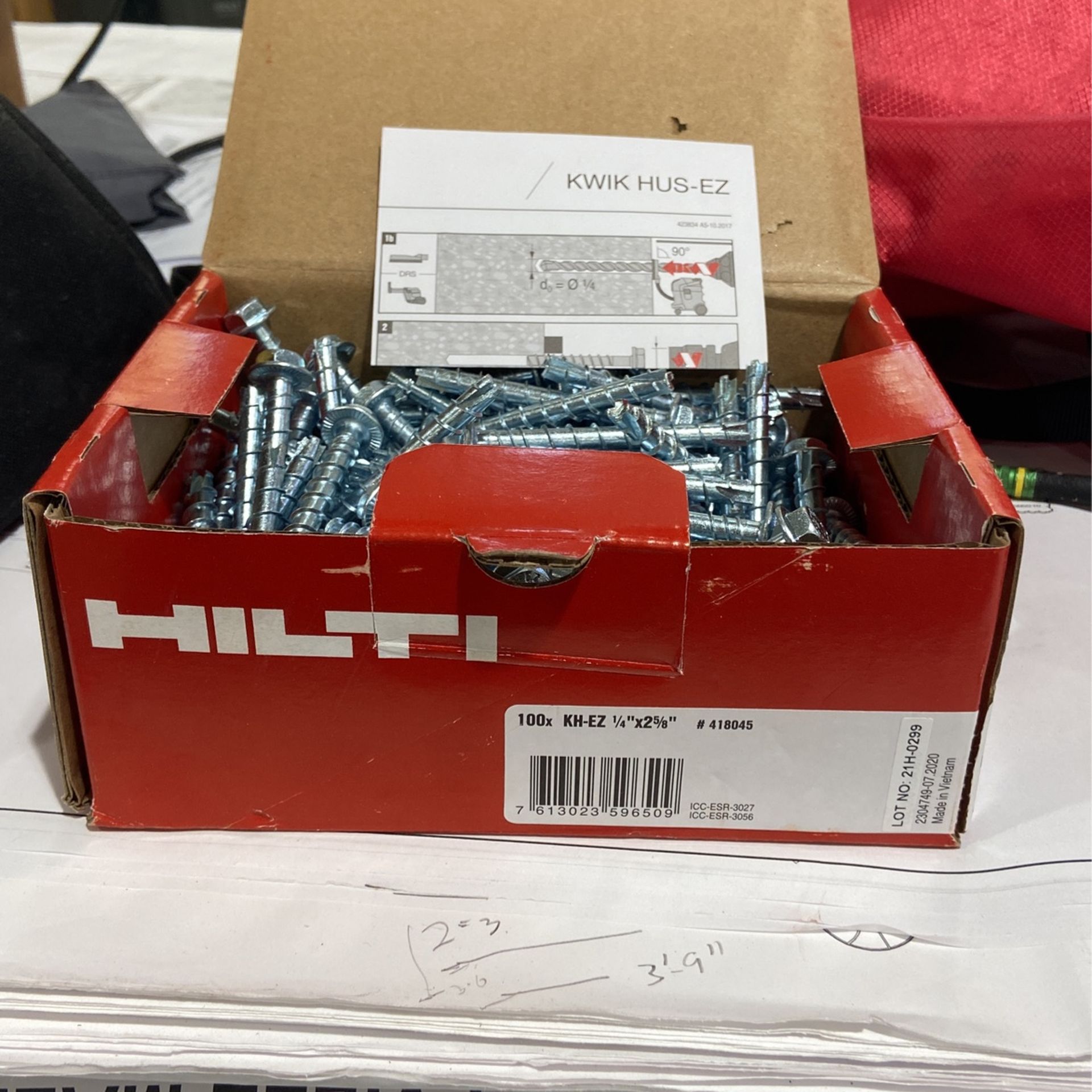 Hilti 1/4”X2-5/8” Concrete Screw Anchors