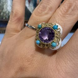 14K Yellow Gold White Agate Amethyst And Turquoise Ring 
