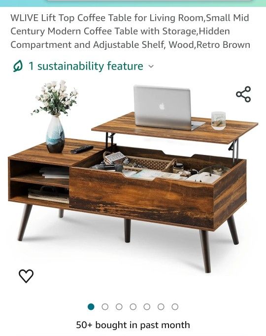 Lift Top Coffee Table for Living Room,Small Mid Century Modern Coffee Table with Storage,Hidden Compartment and Adjustable Shelf, Wood,Retro Brown